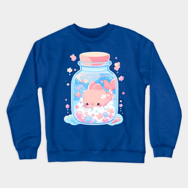 Adorable Anime Style Fish in a Glass Jar - Cute Aquatic Art Crewneck Sweatshirt by Chibidorable